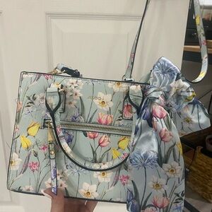 Aldo Spring Light Blue Floral Satchel Purse with Bow Accent